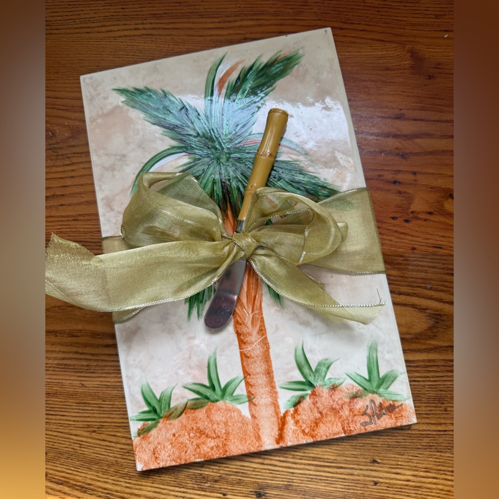 Hand Painted Ceramic Cheeseboard Palm Tree S Putnam Eliane Tile Made in Brazil